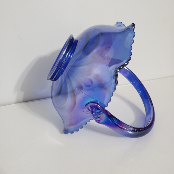 L E Smith cobalt blue iridescent carnival glass basket - Picture 6 of 10